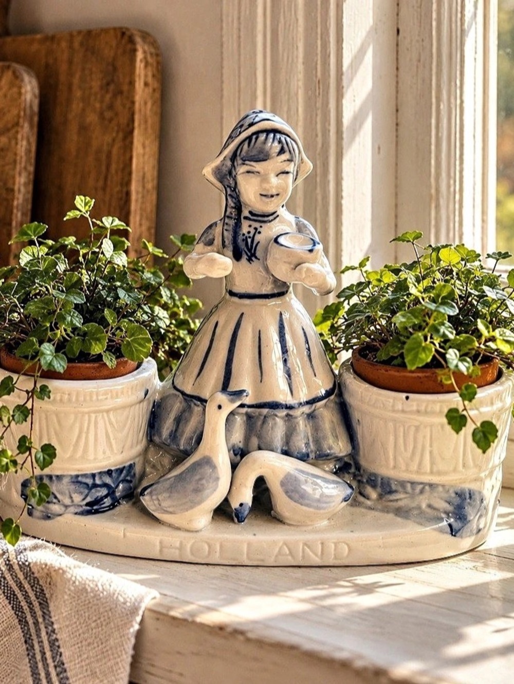 ✨Vintage✨| Bloom-Rite “Holland” 🌷| Delft Blue Porcelain Double Planter Geese🪿